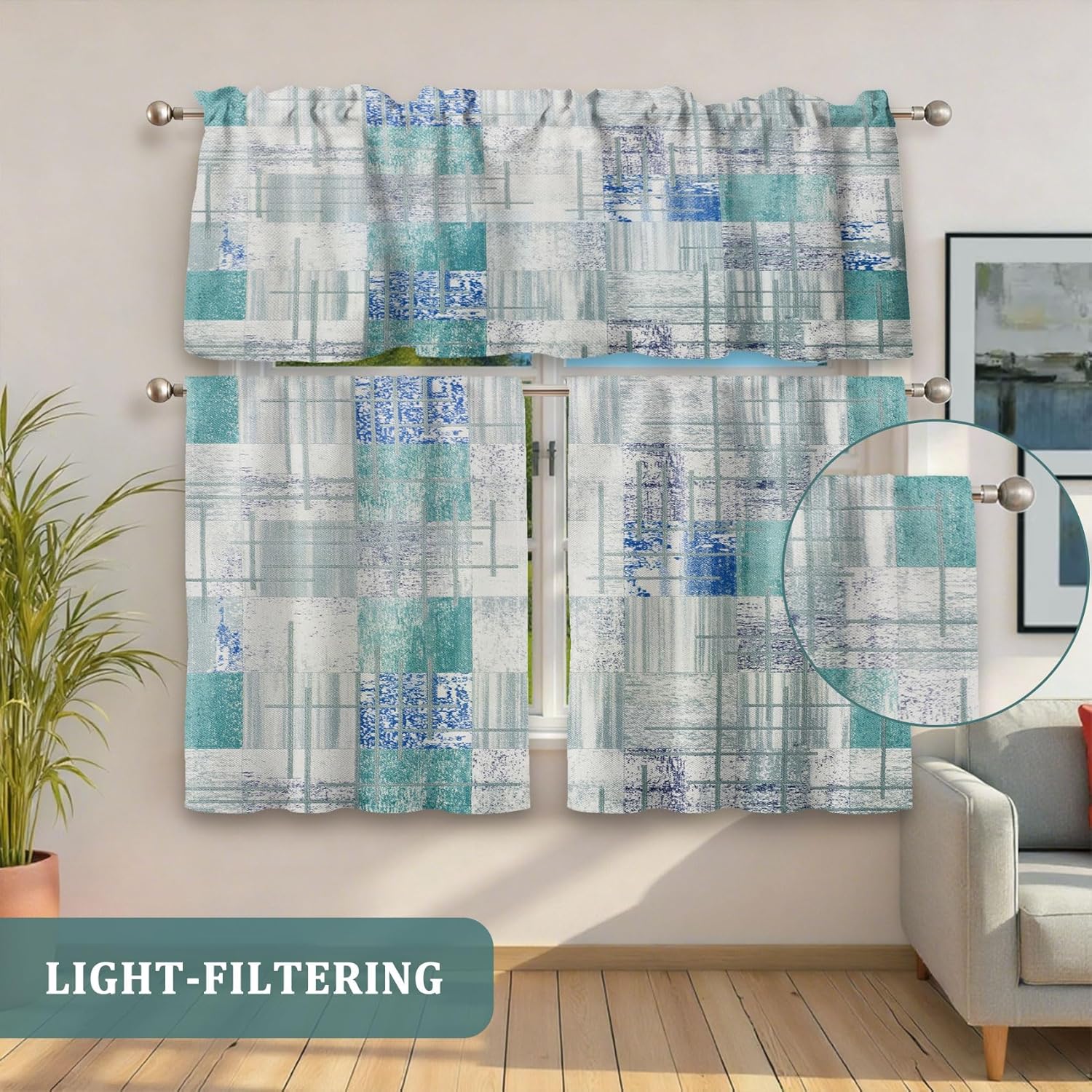 Renaiss Teal Kitchen Curtains Set Geometric Abstract Art Window Curtains and Valances Set 3 Piece 36 Inch Retro Short Tier Curtain Vintage Small Kitchen Decor Curtain Bathroom Windows Rod Pocket Linen