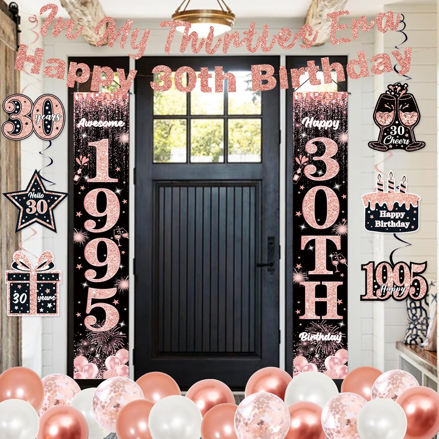 30th Birthday Decorations for Her, Happy 30th Birthday Banner, In My Thirties Era Centerpieces Swirls Party Supplies, Awesome 1995 Door Banners, Rose Gold Thirty Bday Balloons Hanging Swirls - Image 7
