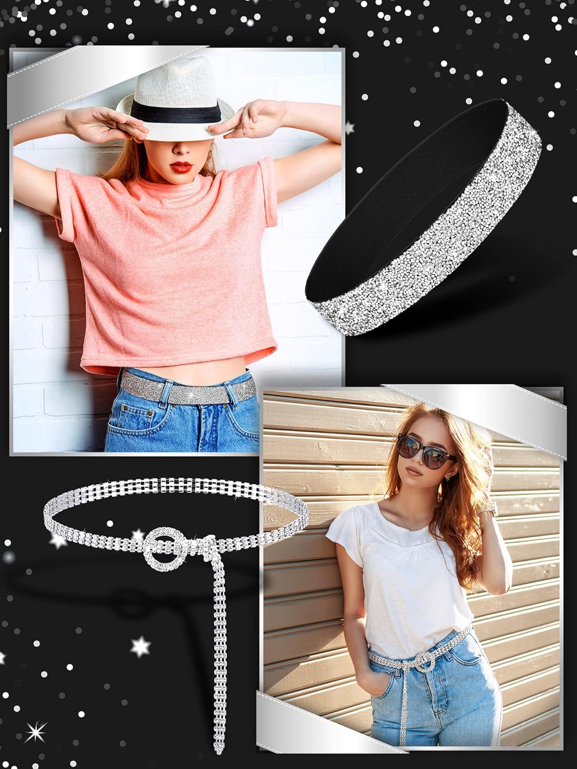 Pangda 2 Pcs Women Stretchy Rhinestone Dress Glitter Belts O Ring Buckle Bling Diamond Belts for Women Shiny Party - Image 6