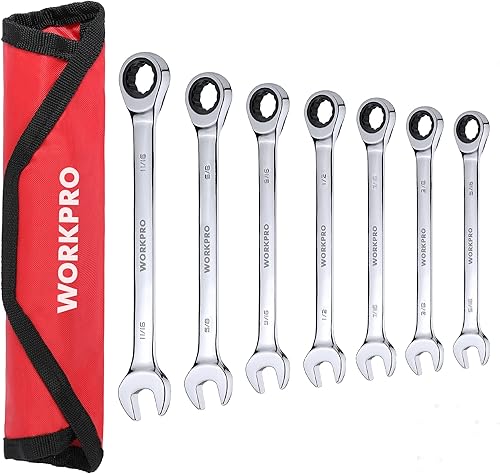 WORKPRO Juego de llaves combinadas de trinquete de 7 piezas, 72 dientes, juego combinado de llaves de trinquete con bolsa enrollable, SAE 516"-1116"