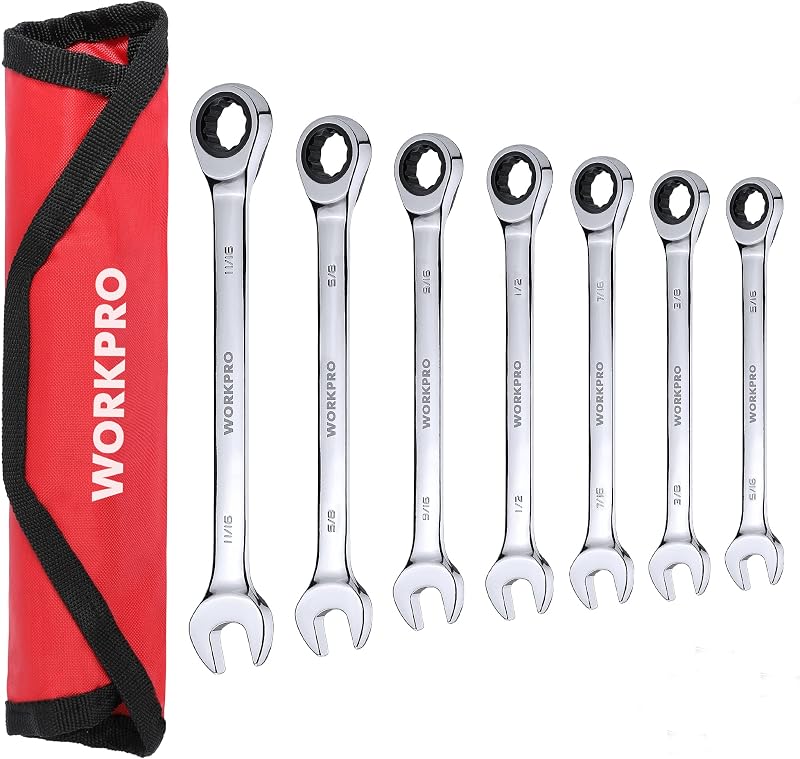 WORKPRO 7-Piece Ratcheting Combination Wrench Set, SAE 5/16"-11/16"