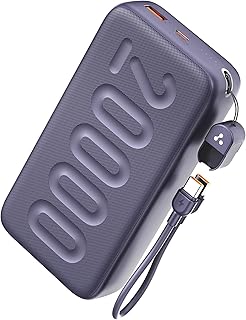 Ambrane 20000mAh Powerbank with in-Build Type C Cable, 22.5W Fast Charging, USB & Type C Output, Power Delivery, Quick Charge for iPhone, Android Mobile & Tablets, Earbuds, (Stylo N20, Purple)
