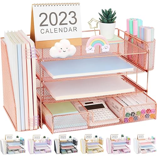Desk Organizer and Accessories, 4-Tier Desktop File Organizer with Drawer and 2 Pen Holders, Office Desk Accessories for Office Supplies(Rose Gold)
