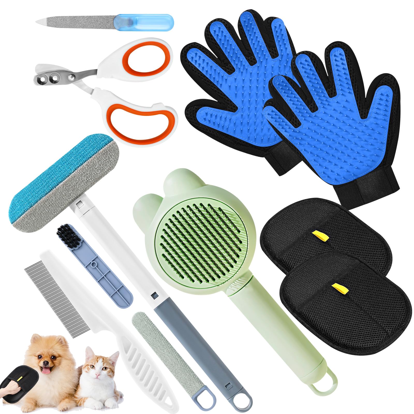 NUHEXRY Set de Aseo para Mascotas de 11 Piezas - Guantes Quita Pelo para Perros y Gatos, Cepillo Eliminador de Pelo, Herramienta de Limpieza para Muebles, Ropa y Sofá, Kit de Cuidado para Mascotas