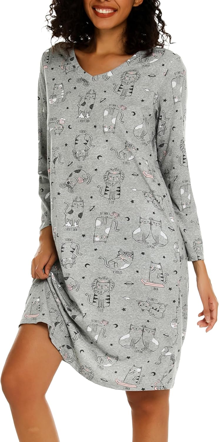 ENJOYNIGHT Women's Cotton Nightgown Long Sleeve V Neck Nightshirt Print Sleep Dress with Pockets - Image 2