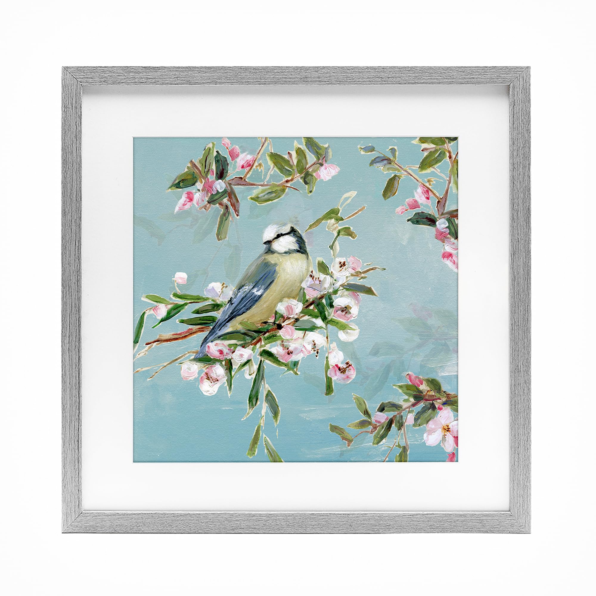 Stupell Industries Pastel Songbird On Blossoms 'Songbird Perched On Blooms', Framed Print Under Glass, Gray, 13 X 13 Inches, Easy To Hang And Sturdy, Made In Usa, By Sally Swatland