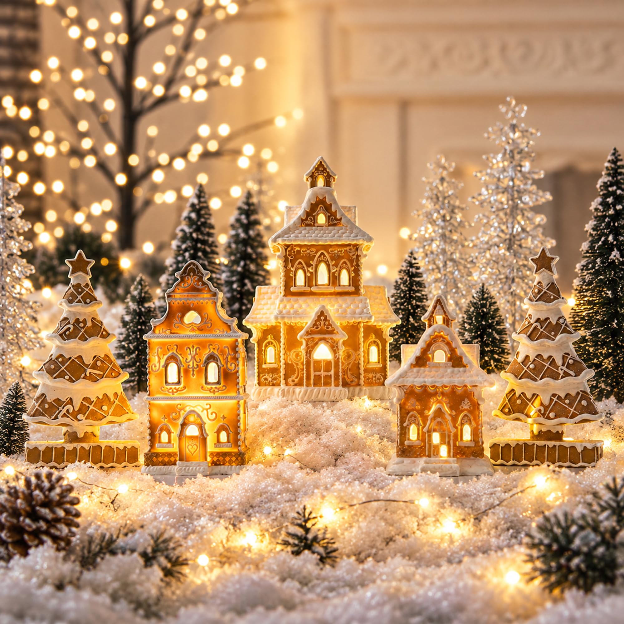 Gingerbread House Christmas Decorations: A 5-Piece Village Set with Trees for Tabletop Displays