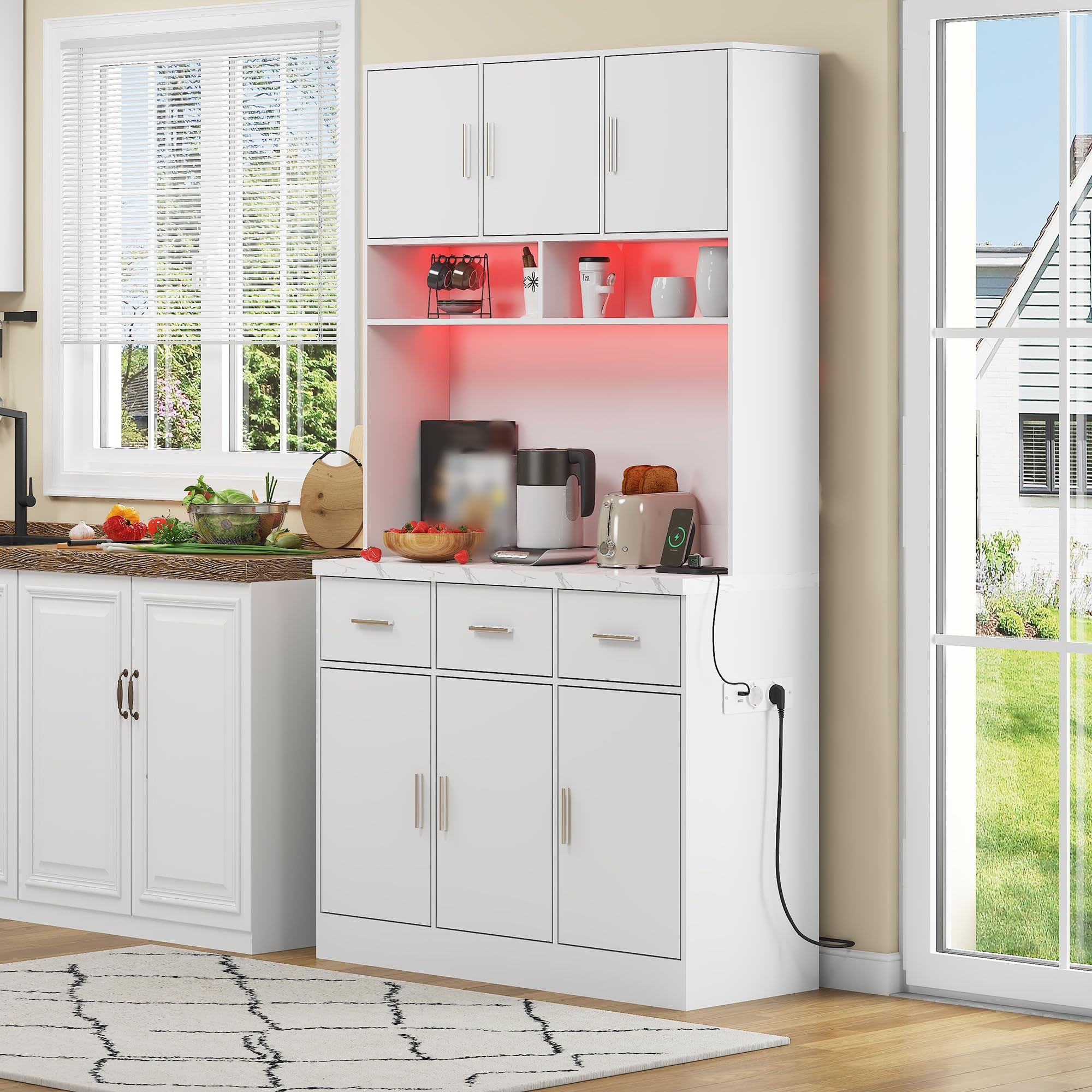 Küchenschrank 100x40x180cm, Buffetschrank mit Arbeitsplatte, Hochschrank mit LED-Beleuchtung und Steckdosen, verstellbaren Regalen und 3 Schubladen, für Küche Wohnzimmer, Weiß