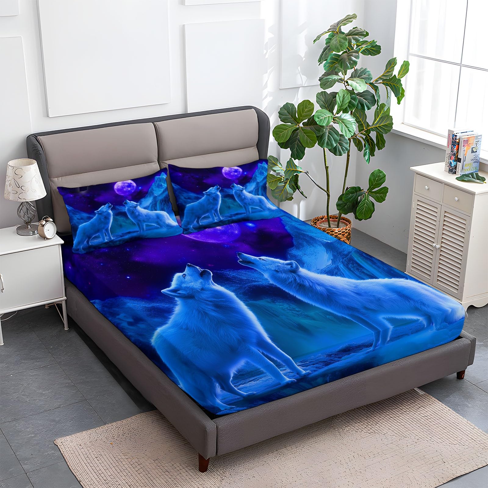 Lenzuola Matrimoniali Fantasia Animali Lupo, Blu Set Lenzuola con Angoli in Microfibra con Angolo Fino a 30 cm con 2 Federe, Set completo da letto per Bambini e Adulti, 150 x 200 cm