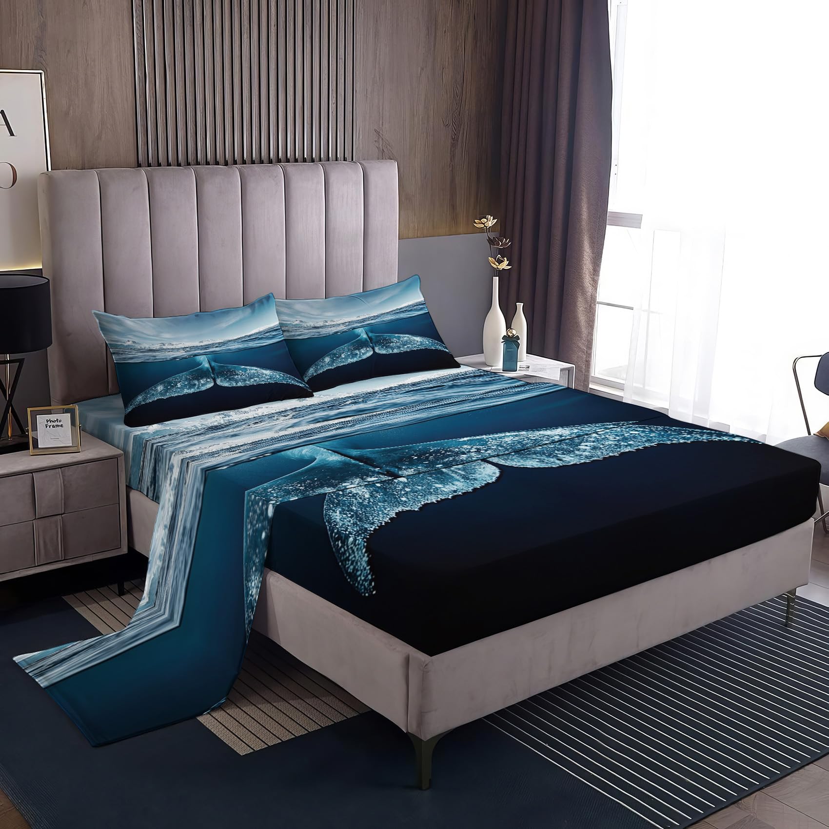 Zvynqour Whale Bed Sheets Queen Size - Marine Life Sheet Set - Deep Pocket Fitted Sheets & Flat Sheet & Pillowcases 4 Piece - Underwater Animals Bedding & Decor - Soft Brushed Microfibe