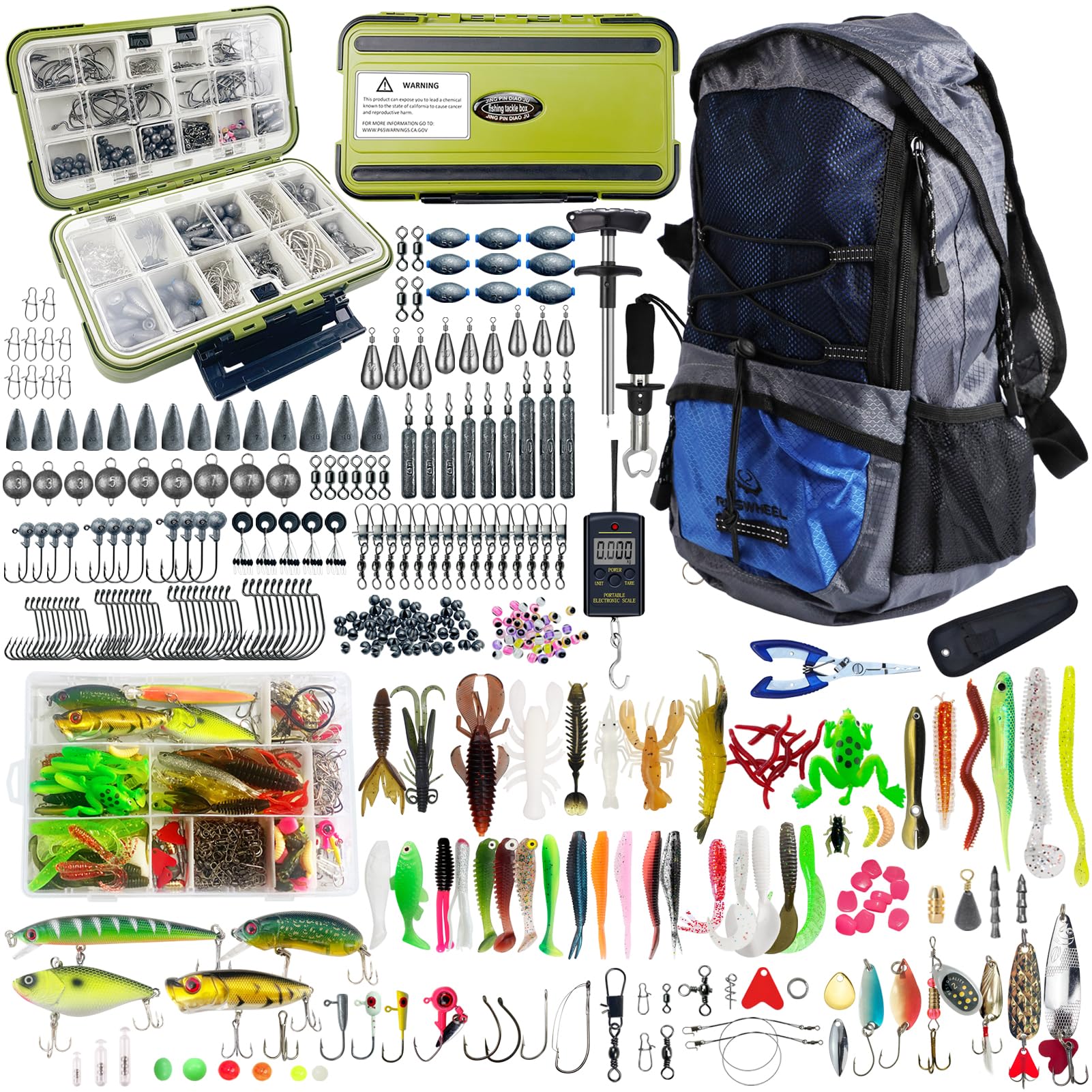 Angelrucksack Angelzubehör Set Angelköder Angeltaschen, 540-teiliges Komplett Angelset mit Tackle Box und Angelrucksack für Zander, Forelle, Barsch