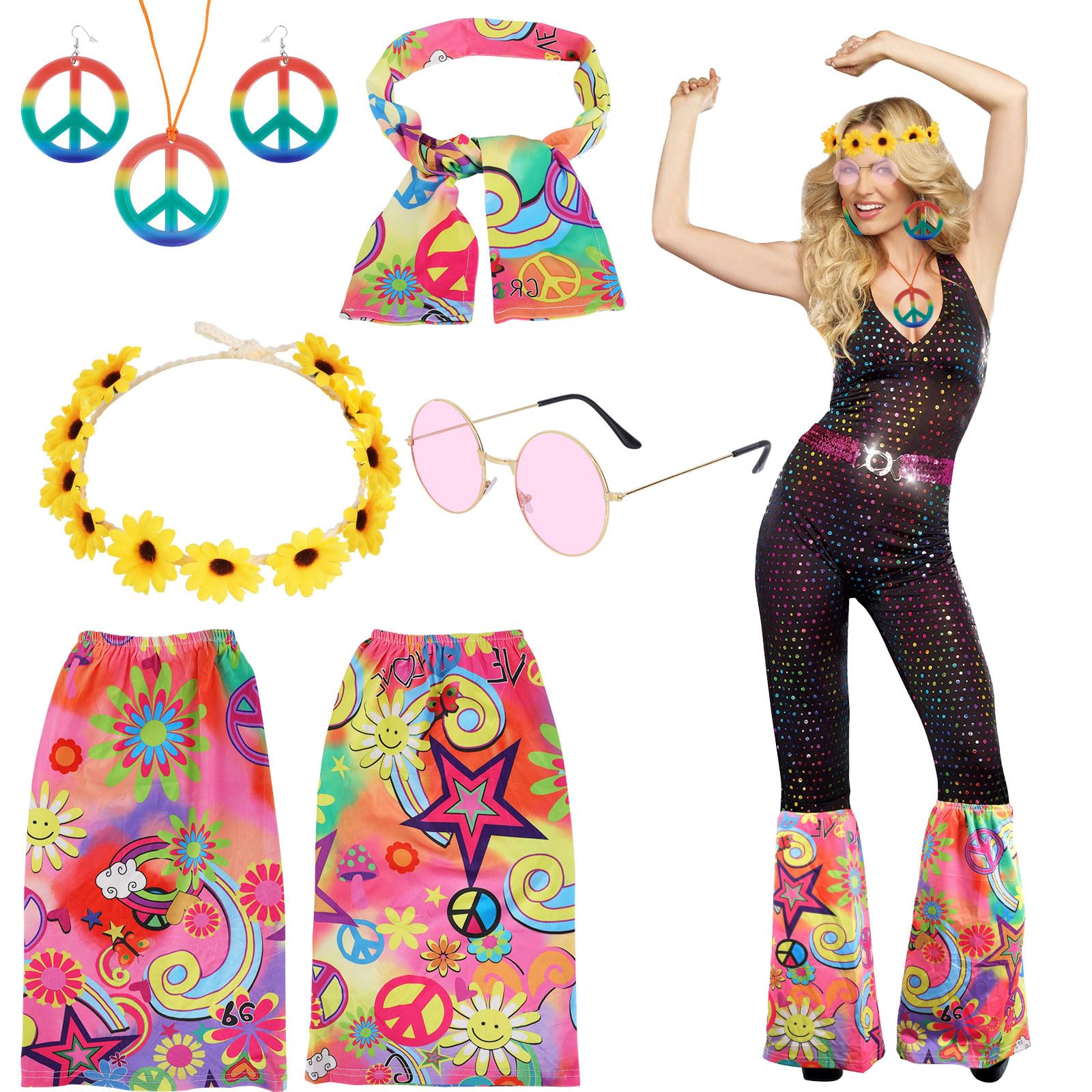 6 Piezas Complementos Hippie Mujer, Disfraz Hippie Mujer, HippieCostume Set, Incluye Gafas Vintage y Collar de la Paz, Adecuado para Reuniones Temáticas, Fiestas y Bailes de Graduación