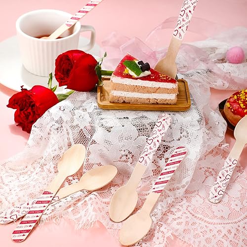Miniatura 7 de Eaasty 100 Pcs Valentine's Day Wooden Hot Chocolate Spoons Hot Cocoa Marshmallow Romantic Wooden Bar Stirring Spoons Valentine's Day Heart Pattern