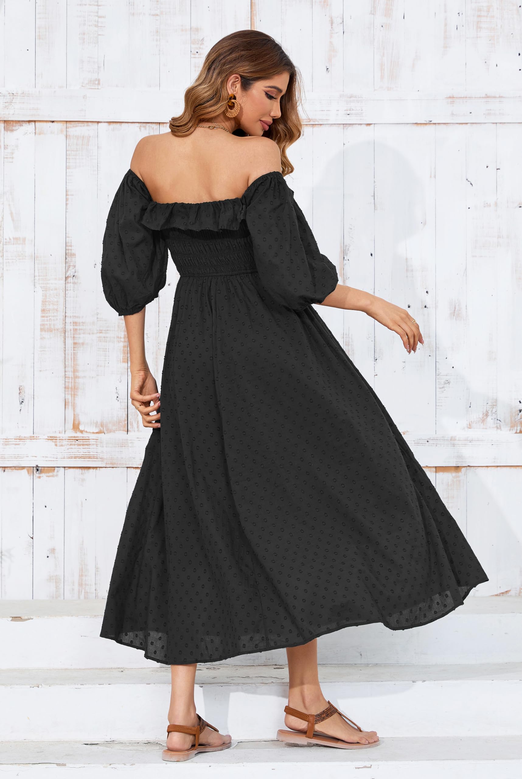 R.Vivimos Women Summer Half Sleeve Cotton Ruffled Vintage Elegant Backless A Line Flowy Long Dresses: Medium Black-1