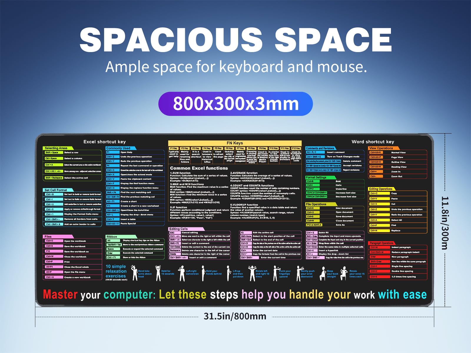 Excel Cheat Sheet Desk pad—Contains 12 Types of Common Skills in Excel and Word|Large XL Size（31.5 * 11.8 inch）|Desk mat for Keyboard and Mouse|Work、Study、Gaming Mouse pad|Waterproof、Anti-Slip - 3