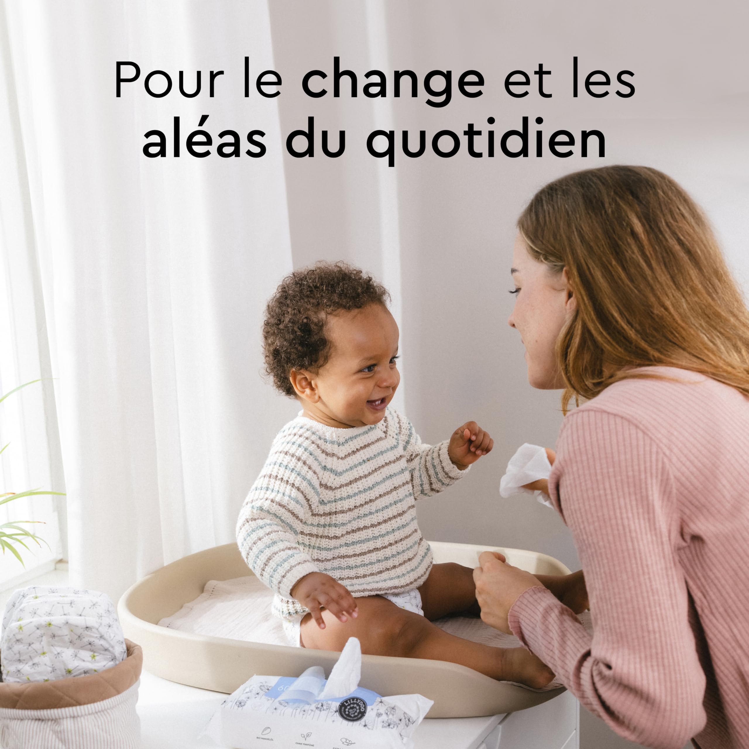 Lingettes LILLYDOO pour bébé faites à 99% d'eau, Lot de 5 x 60 (300 pièces), tissu 100% sans plastique, sans parfum et doux comme du coton et de l'eau