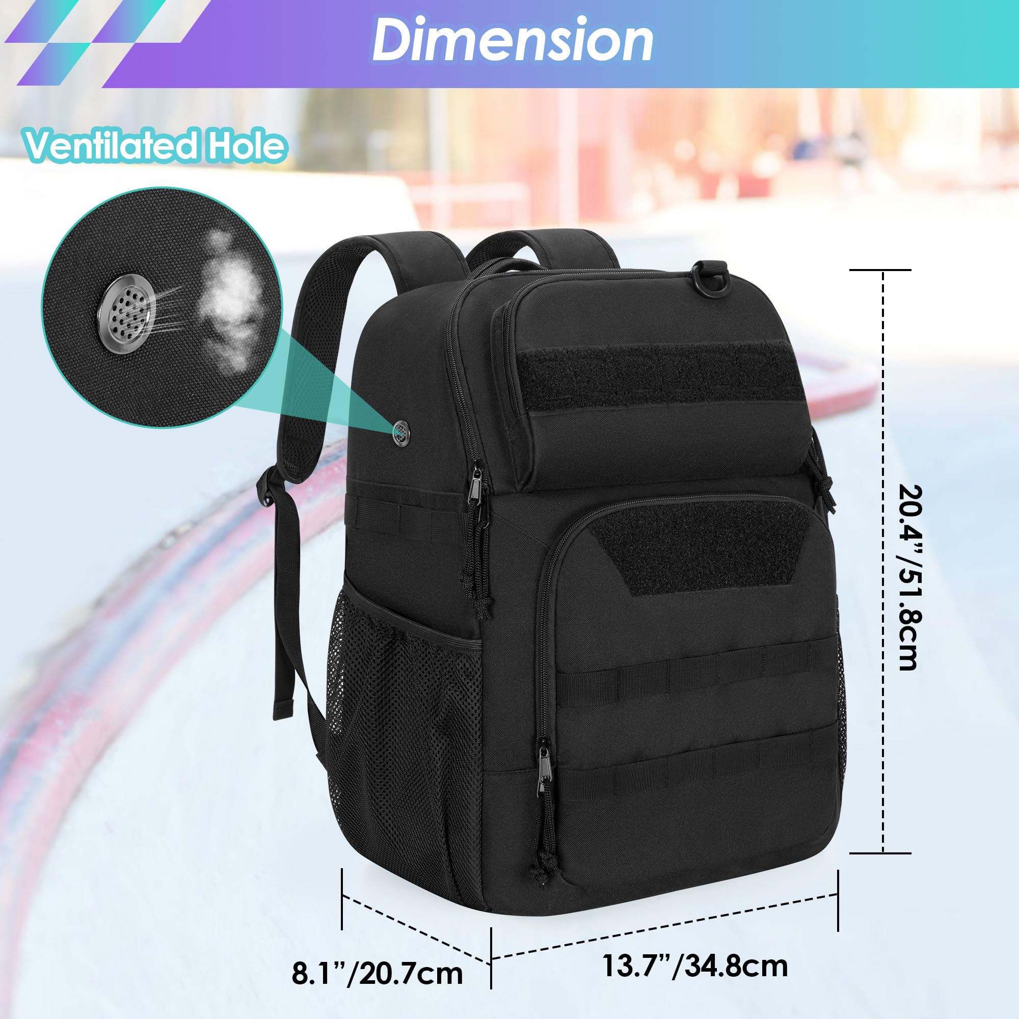 GOBUROS Skate Tasche für Schuhe bis US Herrengröße 13, Rollschuh Rucksack mit Mehreren Zubehörfächern, Inline Skate Tasche für Damen und Herren, Schwarz