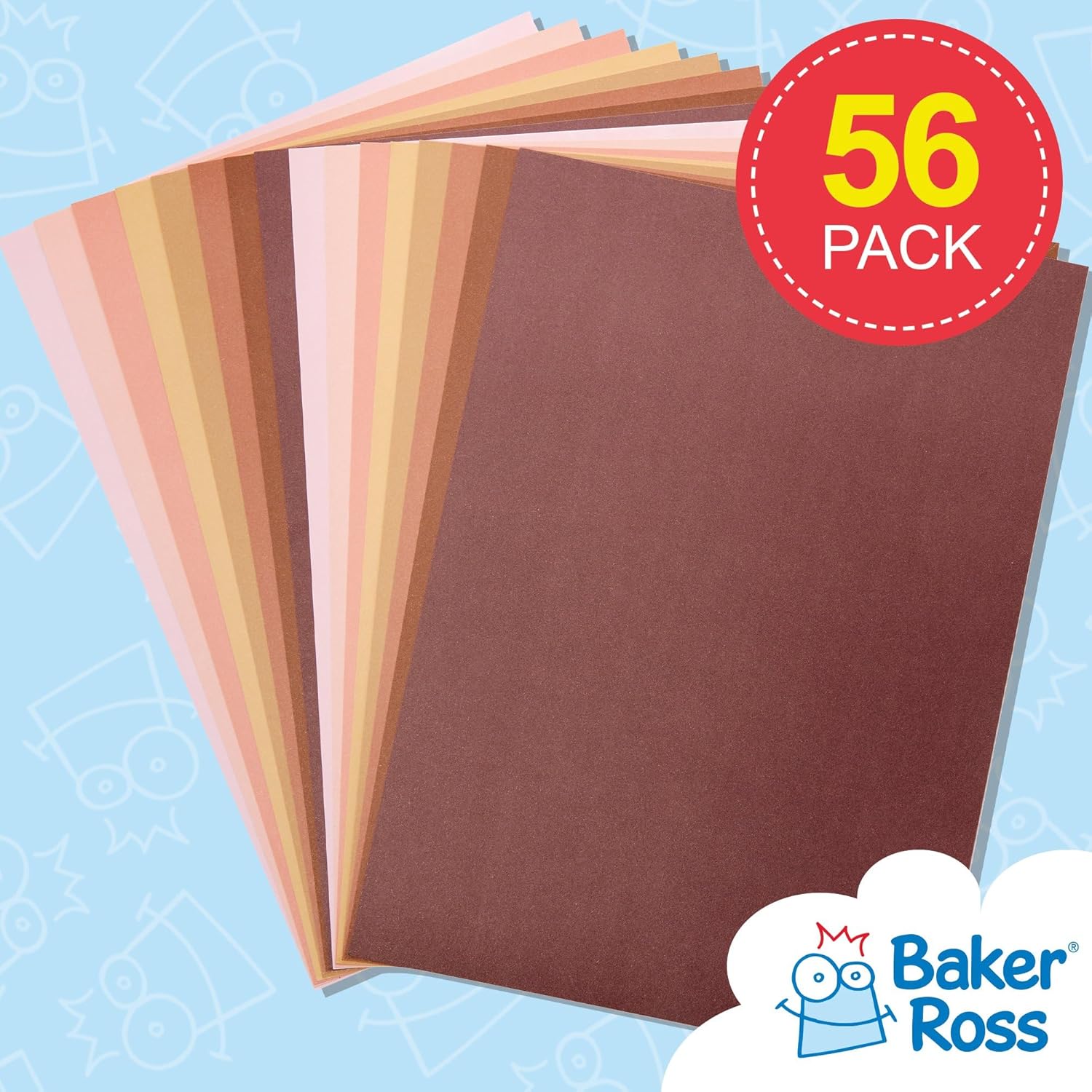 Baker Ross FX273 Skin Tone Colours A4 Card Pack - Pack of 56 Sheets, Kids Crafts, Arts and Crafts for Kids, School Supplies