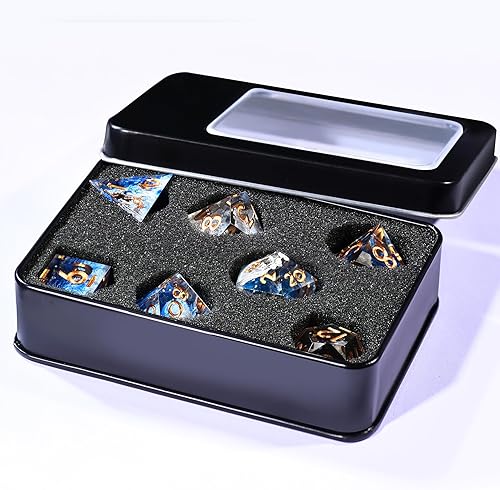 Vista 58 de AUSTOR Juego de dados DND de 7 troqueles hechos a mano, dados poliédricos de resina de borde afilado para juegos de mesa de Dungeons and Dragons RPG