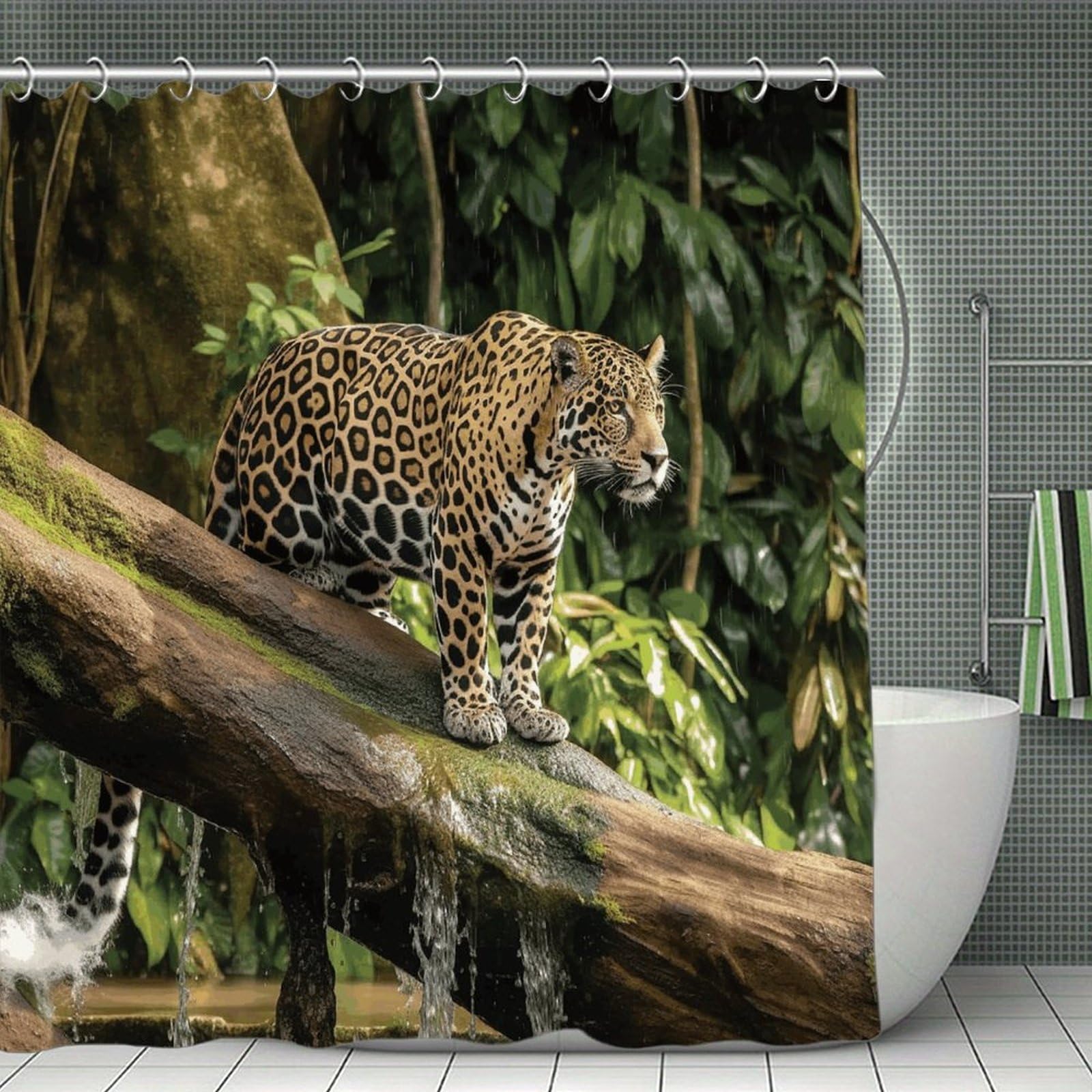 VstaDank Jaguar Cat on Tree Trunk Waterfall Shower Curtain Waterproof Bathroom Curtain with Hooks Luxury Weighted Bath Curtains for Bathtubs Showers Room Dividers Decorative Shower Curtains 71x71 in