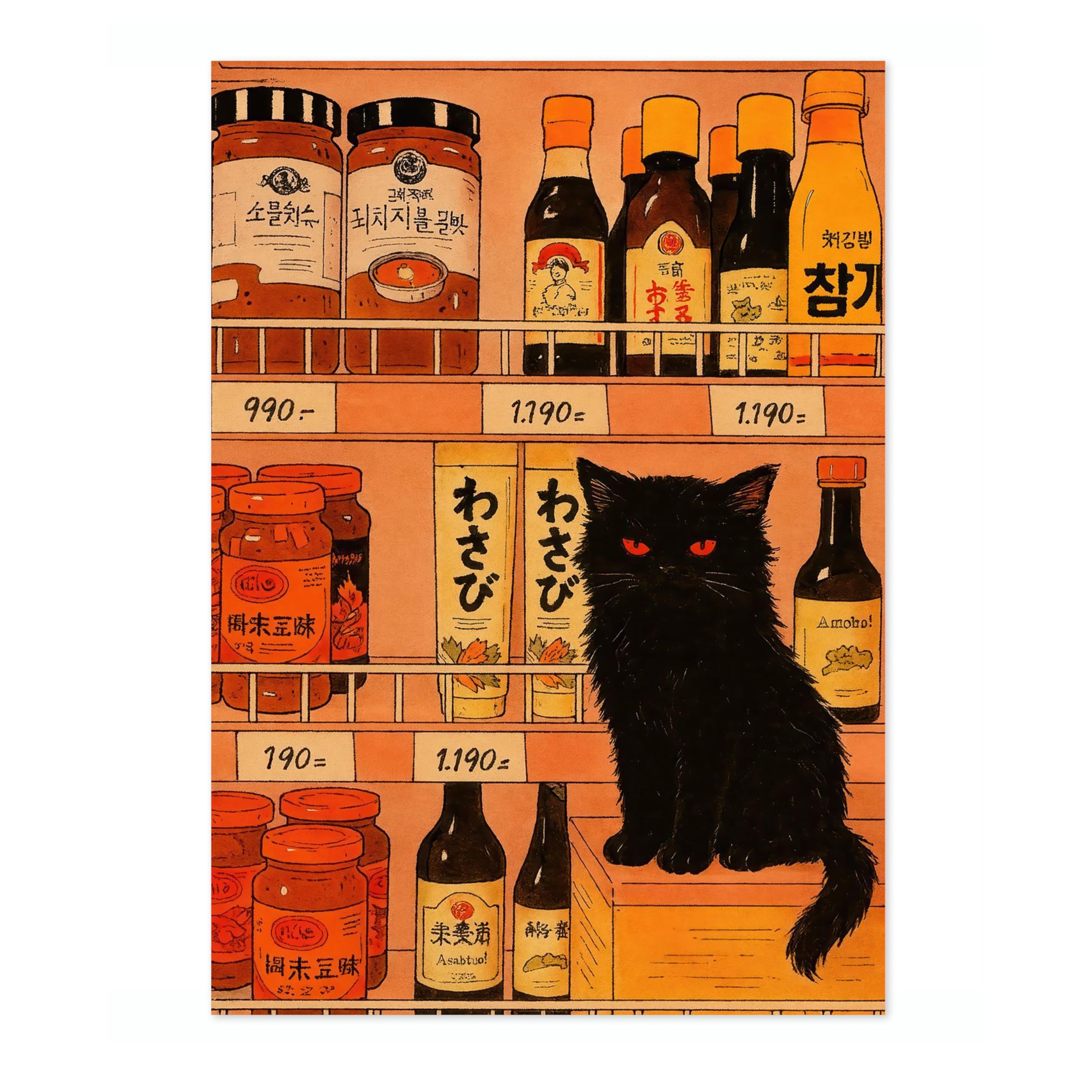 Spice Shelf Cat Anime Woodblock Poster Modern Woodblock Print, Cartoon Manga Kitten Wall Art Decor, Modern Japanese, Cat Lovers, A1 (Print Only) - 84.1x59.4cm