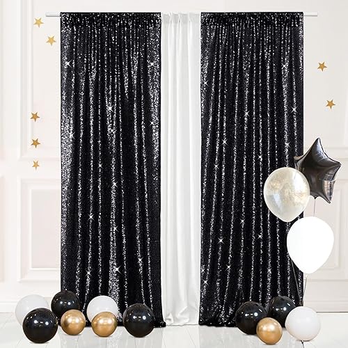 Eternal Beauty Cortinas de telón de fondo de lentejuelas negras, 2 paneles de 3 x 7 pies para Navidad, fiesta, cumpleaños, fotografía, boda,