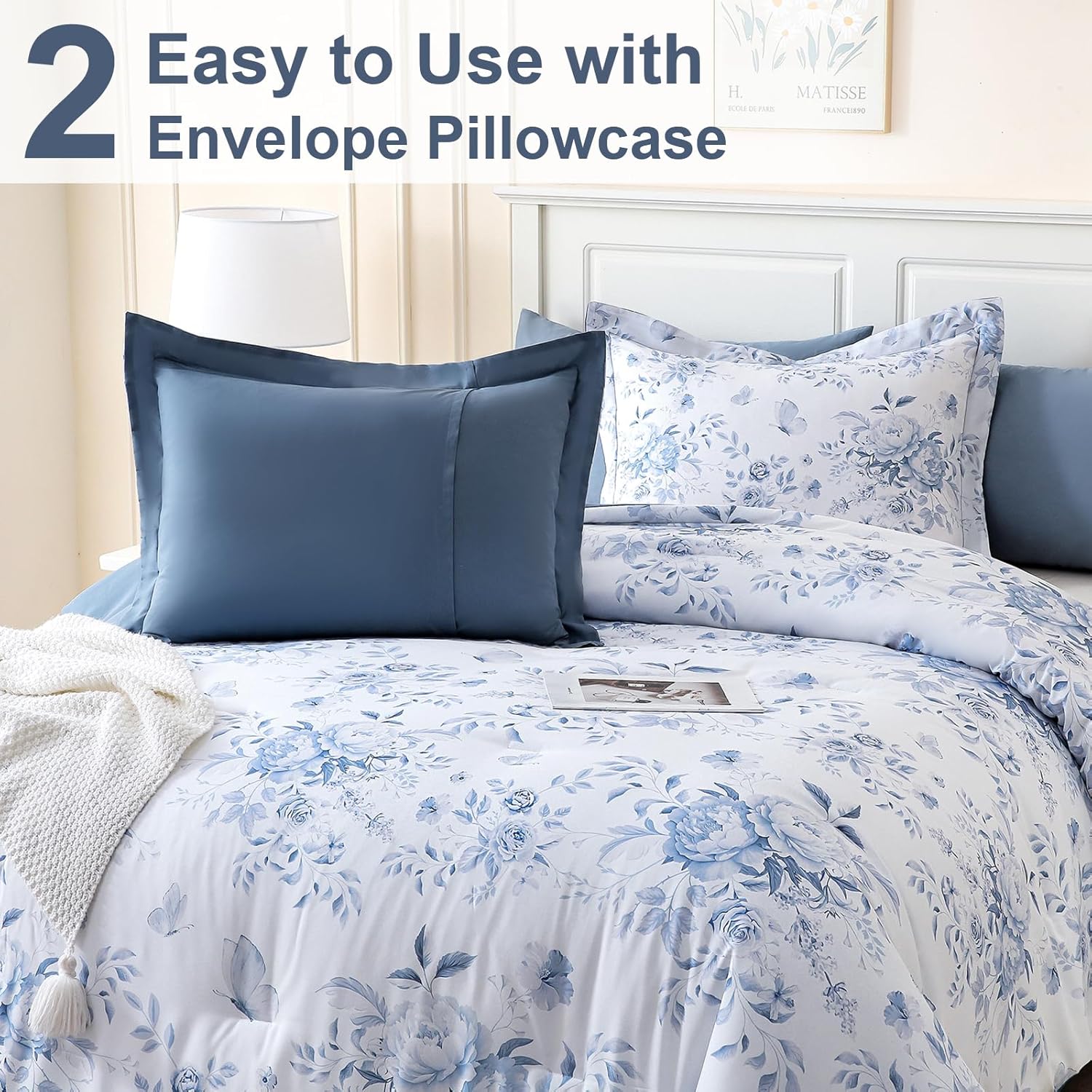 Yinhua 3 Piece Queen Comforter Set Blue Floral Bedding Comforter Sets, Soft Reversible Bed Comforters Queen Size Peony Flower Bedding Set with 2 Pillowcase, 90" x 90"