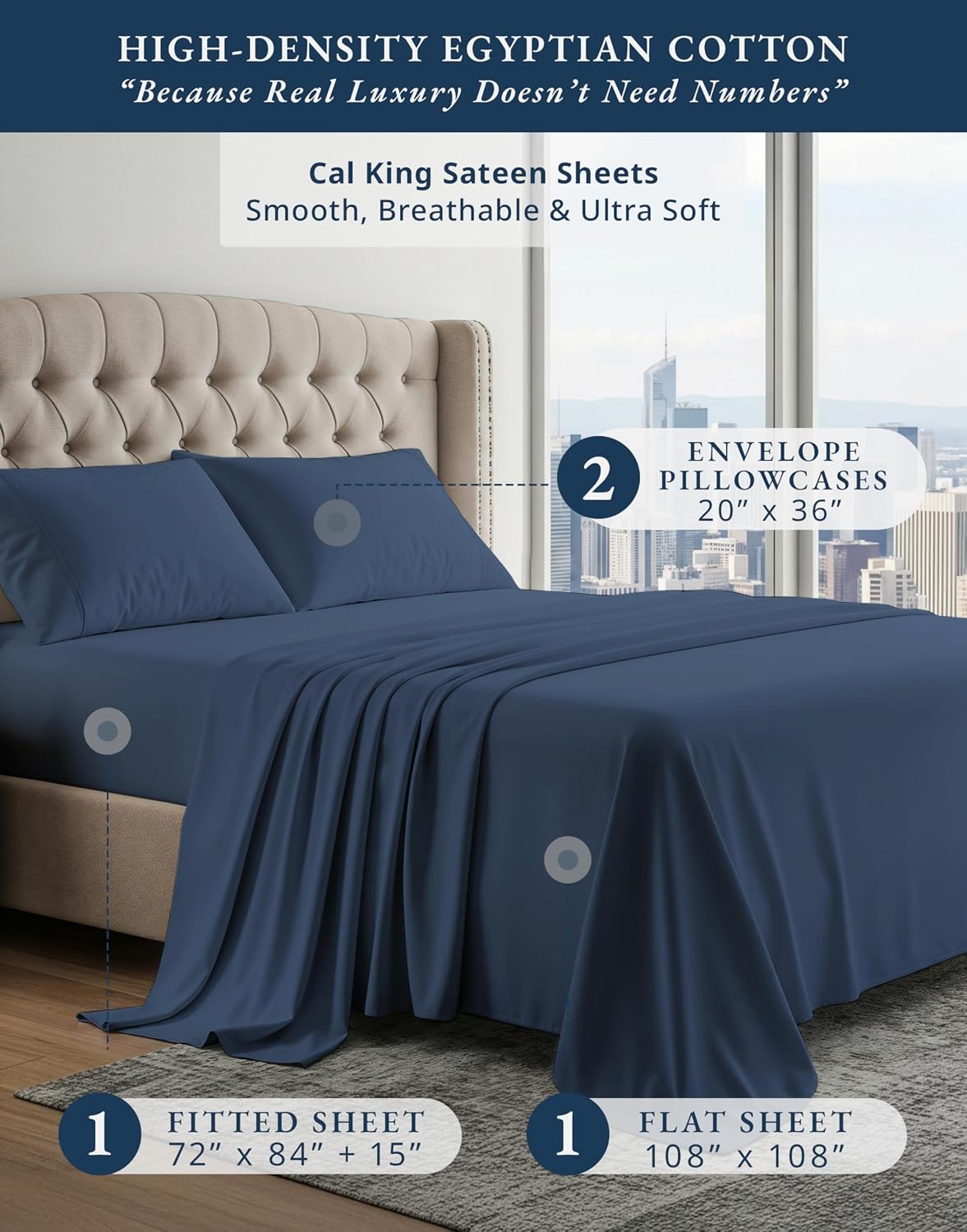 lane linen 100% egyptian cotton california king sheets set, soft & comfy no pill fade resistant oeko-tex certified cotton sheets cal king size set, 15" deep pokcet sheets - dark denim california king 11: dark denim