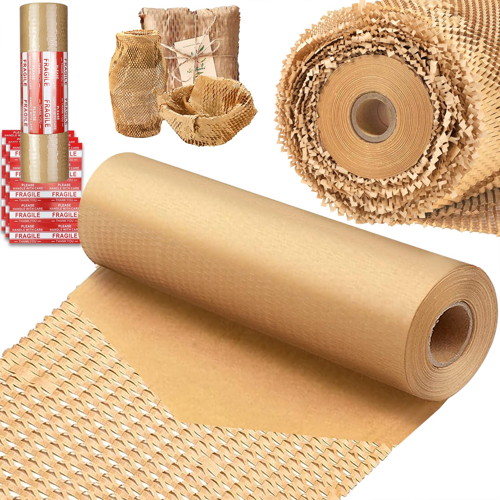 HOOPLE Honeycomb Packing Paper, Packing Paper for Moving, Alternative Bubble Cushion Wrap, Biodegradable Moving Supplies Bubble Packing Wrap Protective Roll With 30 Fragile Stickers. (khaki 15