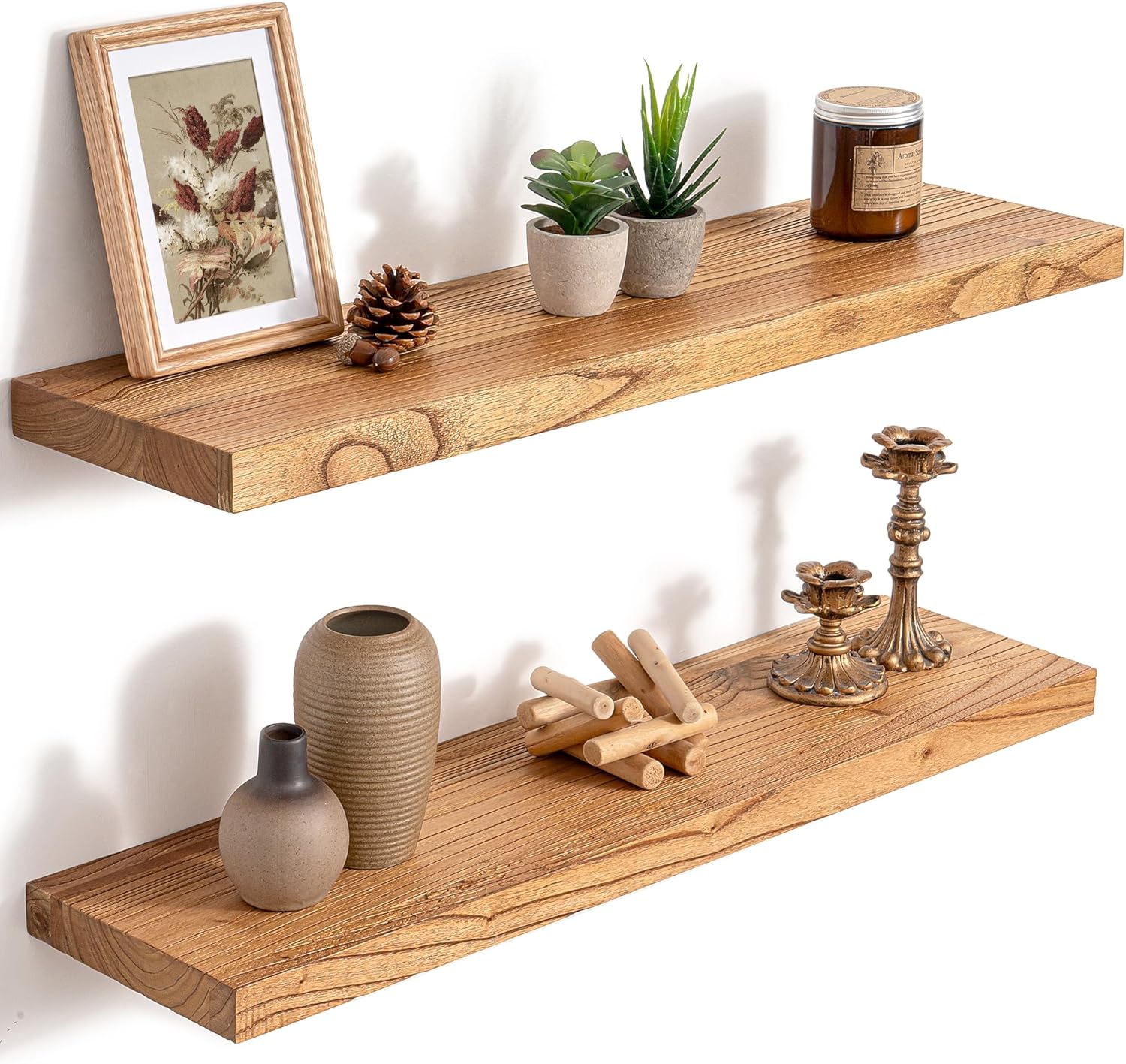 30 Inch Floating Shelves for Wall, 8"D High End Solid Hardwood Shelves for Decor Storage, Rustic Wall Shelves with Invisible Heavy Duty Brackets for Living Room, Kitchen, Bathroom, Natural, 2 Pack