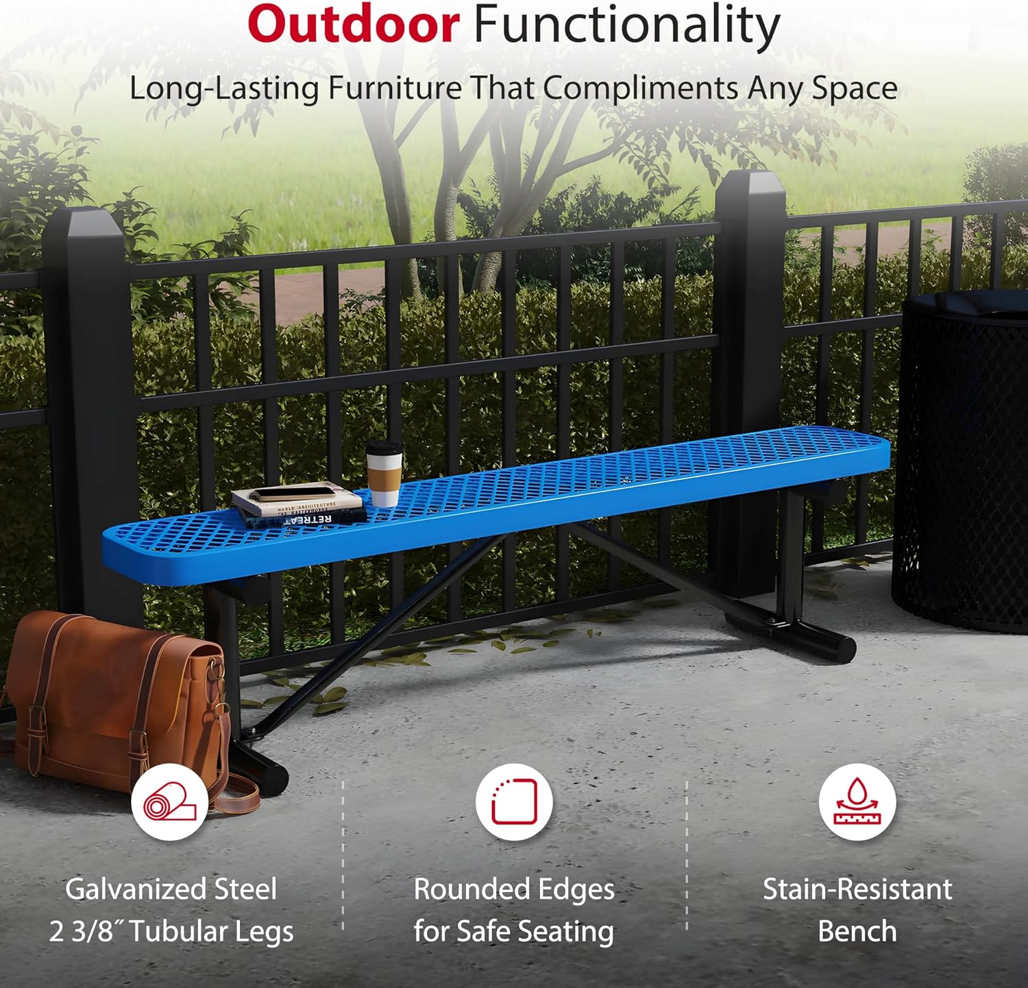 Leisure Craft Metal Outdoor Bench - 6 Foot Heavy Duty Backless Bench Seating for Garden, Porch, Picnic, Park, Expanded Metal, Thermoplastic Coating, Commercial Grade Furniture Made in USA - Blue
