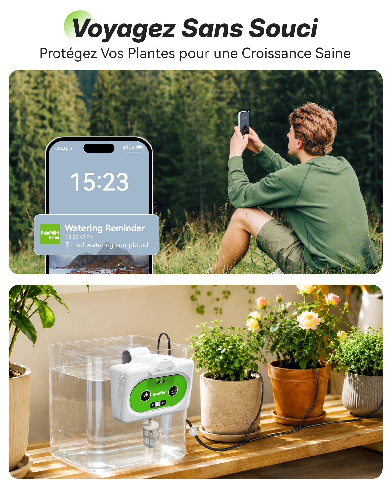 RAINPOINT Arrosage Automatique Interieur WiFi, Contrôle à Distance via APP, Arroseur Automatique pour Plantes d’Intérieur, Arrosage Goutte à Goutte avec Batterie Rechargeable, Jusqu’à 15 Plantes