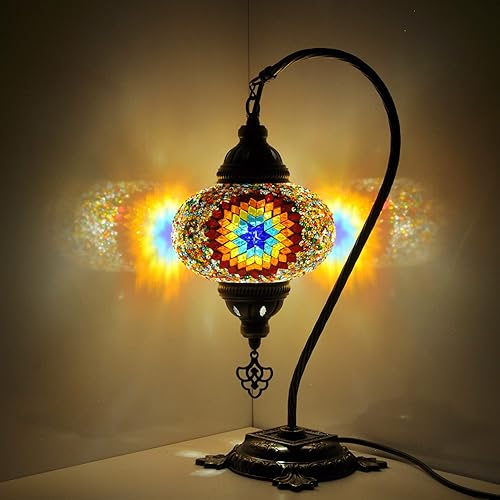 Miniatura 3 de Turkish Lamp Mosaic Table Lamps | Turkish Moroccan Lamp with Bronze Base | Handmade Swan Neck Tiffany Night Lamp | Mosaic Glass Bedside Night Lamp