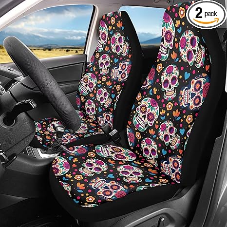 Bulopur Sugar Skull Car Seat Covers Set of 2 Mexican Vehicle Bucket Cushion Cover Easy Install Automobile Seat Cover Pad Mat Auto Interior Protection Accessories for Women Girly