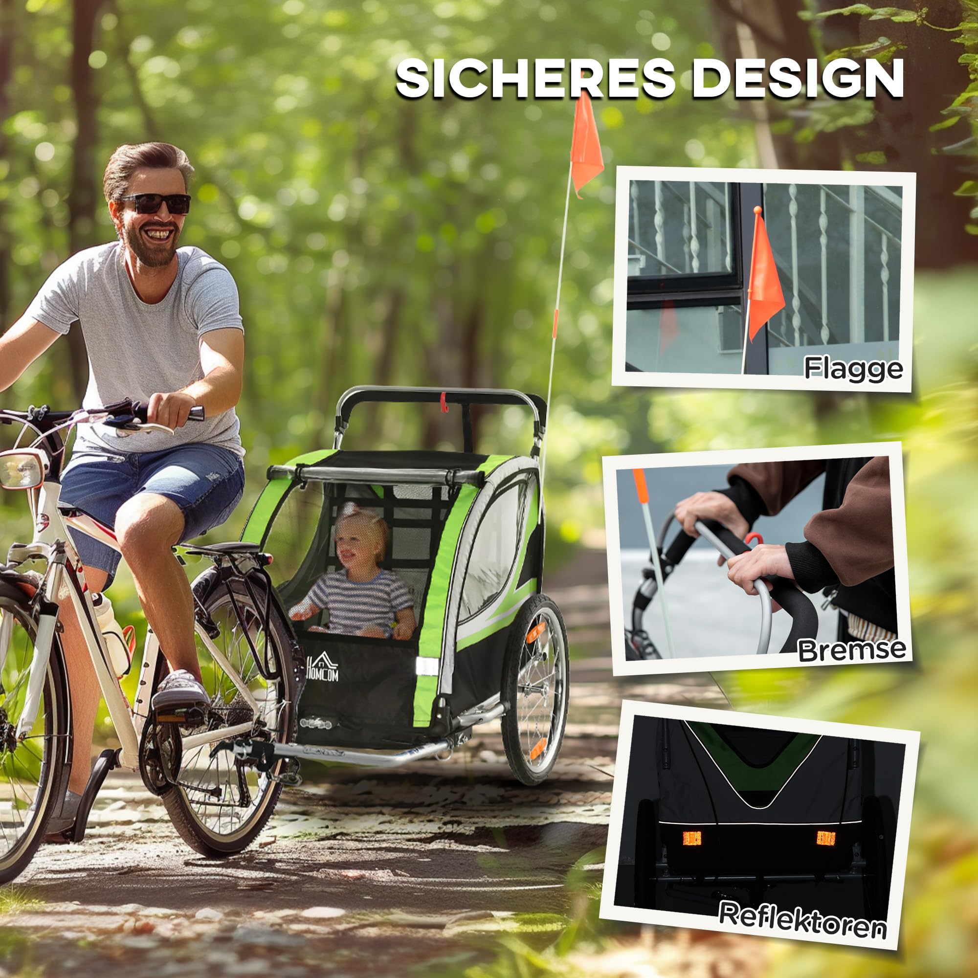 HOMCOM 2 w 1 Przyczepa Rowerowa dla Dzieci z Obrotowym Kołem Przednim 360° i Hamulcem, 142 x 75 x 101 cm