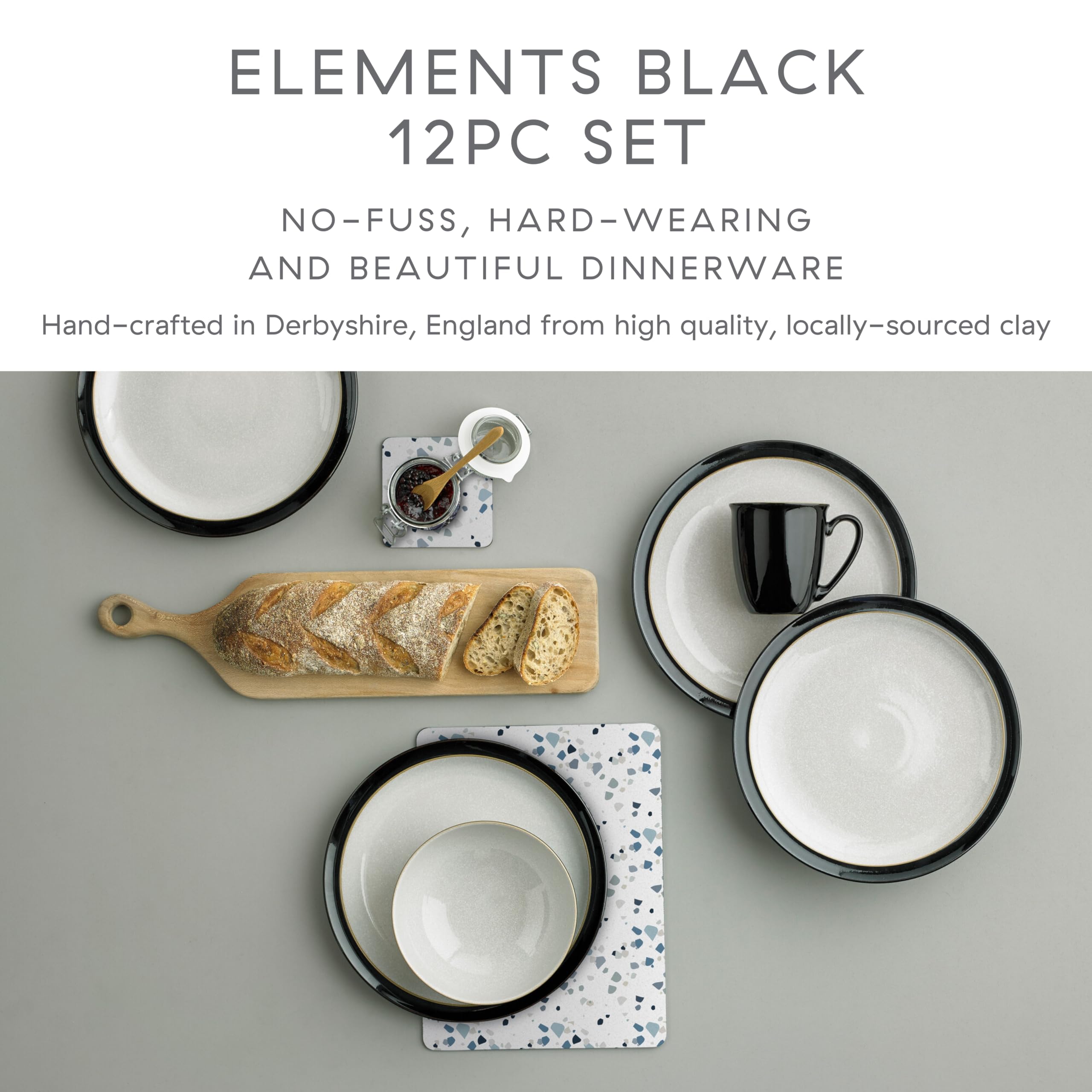 Denby - Elements Black Dinner Set For 4-12 Piece Simple Ceramic Stoneware Tableware Set - Dishwasher Microwave Oven Safe - Scratch Chip Resistant