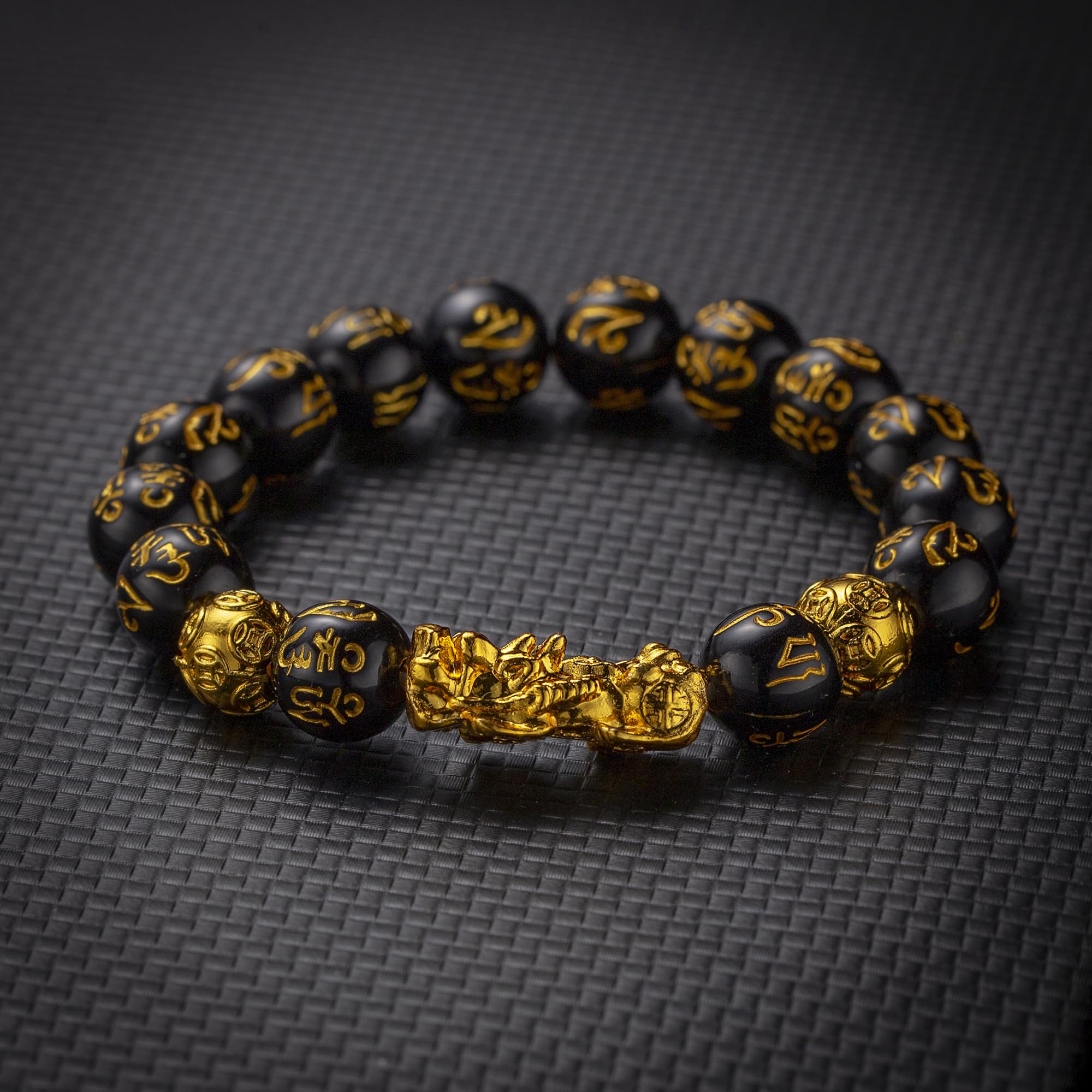 2 pulseras de Feng Shui para hombre, pulsera Pixiu de oro, obsidiana negra, riqueza y suerte, pulseras elásticas ajustables con cuentas espirituales, regalo de año nuevo chino, Talla única 2