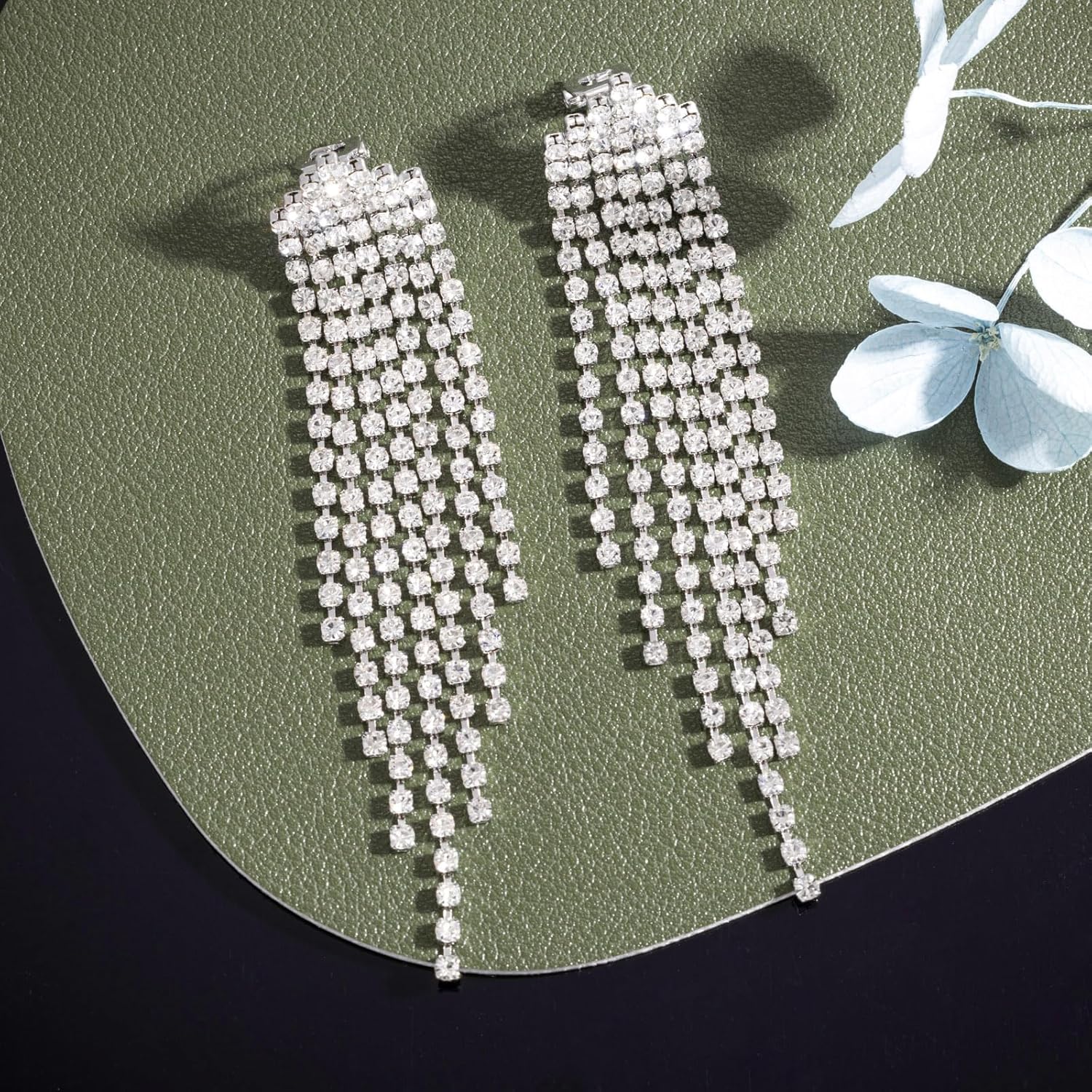 SELOVO Clip Tassel Earrings Crystal Bridal Wedding Clip on Statement Dangle Earrings Silver Tone - Image 3