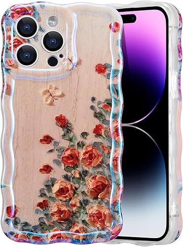 EYZUTAK Funda para iPhone 12 Pro, colorida pintura al óleo retro impresa flor láser patrón brillante lindo rizado borde exquisito teléfono cubierta