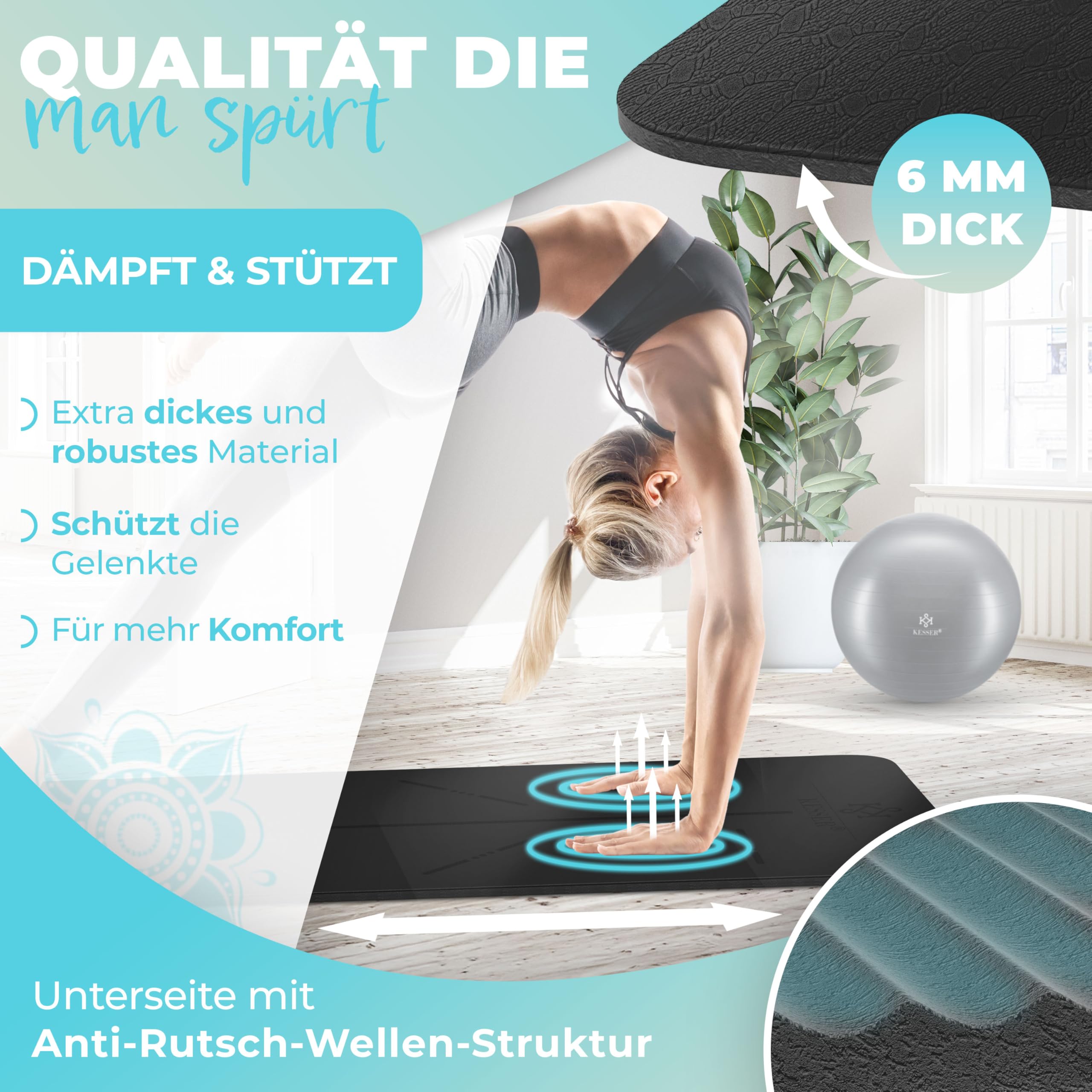 KESSER® Gymnastikmatte mit Tragegurt rutschfest TPE Yogamatte Gepolstert & rutschfest Fitnessmatte, 183 x 61 Trainingsmatte für Fitness Sportmatte, Pilates & Gymnastik Workout