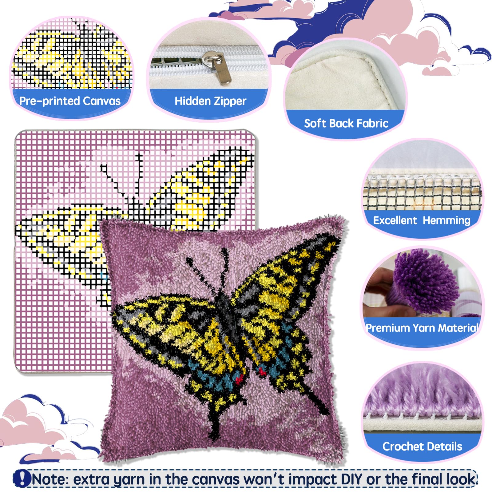 YP Kit de gancho de pestillo para niños y adultos, alfombra de bricolaje para decoración del hogar, funda de cojín de mariposa tropical, funda de cojín, ganchillo hecho a mano para regalo de festival,