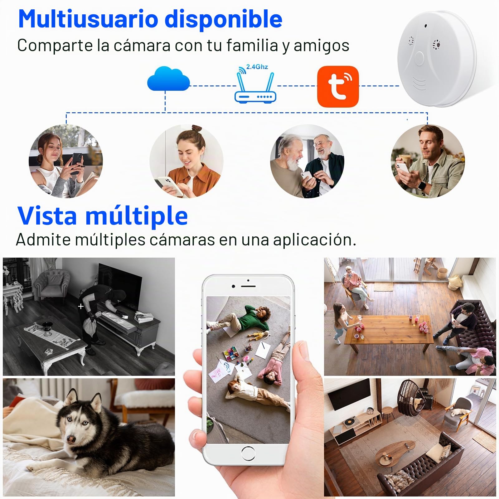 Cámara Espía, MiniCámara Oculta Detector de Humo WiFi 2.4/5GHz | 120°＆1080p Vigilancia Inalámbrica, Visión Nocturna IR, Detección Movimiento , Grabación en Bucle,Para Interio,App Android/iOS