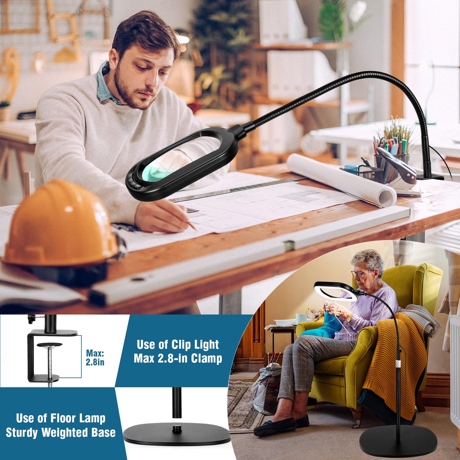 Lupa grande con luz y soporte, lente de vidrio óptico rectangular de 15X, lámpara de pie de lupa de cuello de cisne ajustable en altura, 5 modos de color, LED regulable, manos libres para trabajos