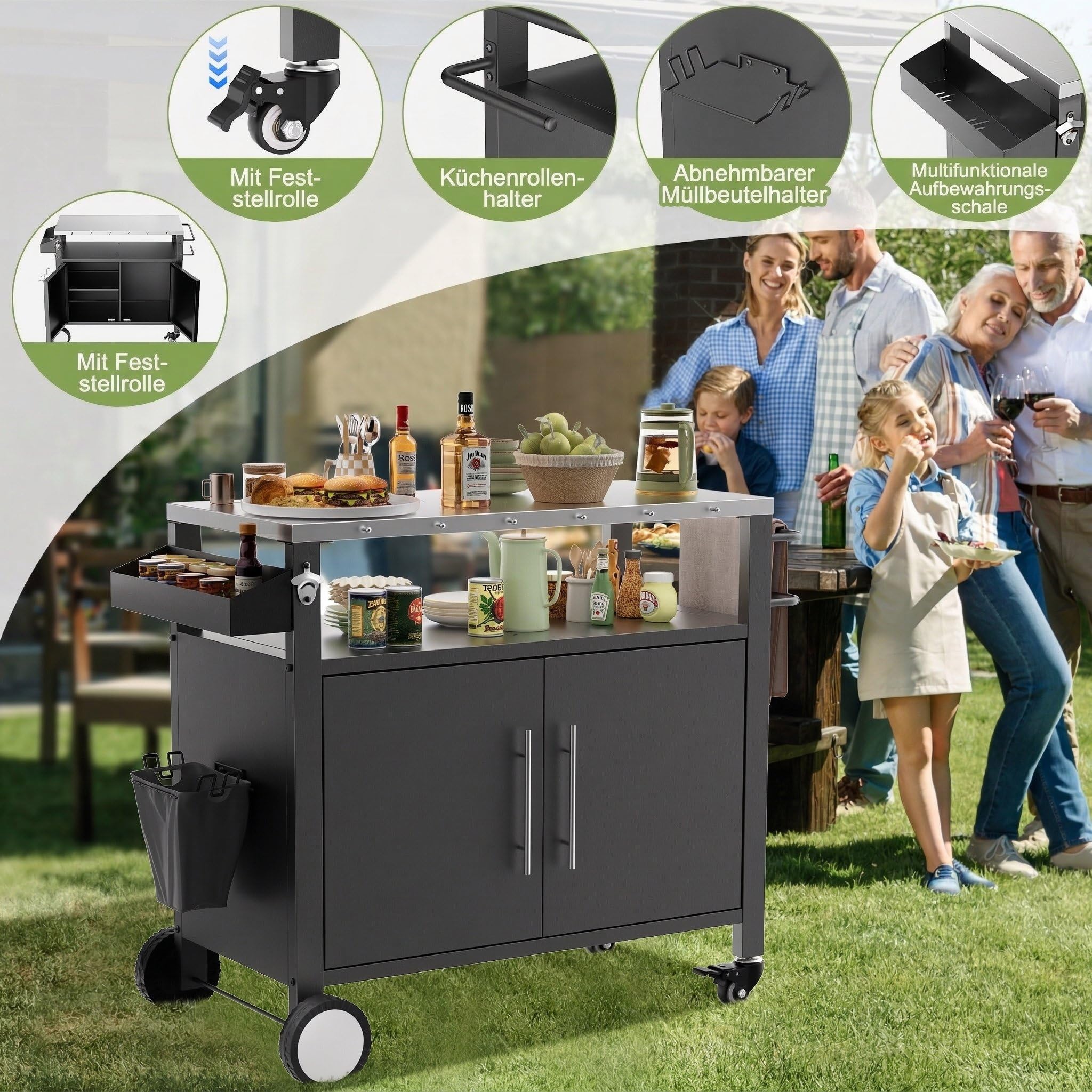 Metallschrank Outdoor mit Stauraum, Gartenschrank Wetterfest mit Haken und Gewürzregal, Outdoor Küche mit 360°-Rollen, für Terrasse/Balkon/Garten, Werkzeugschrank, Wetterfest