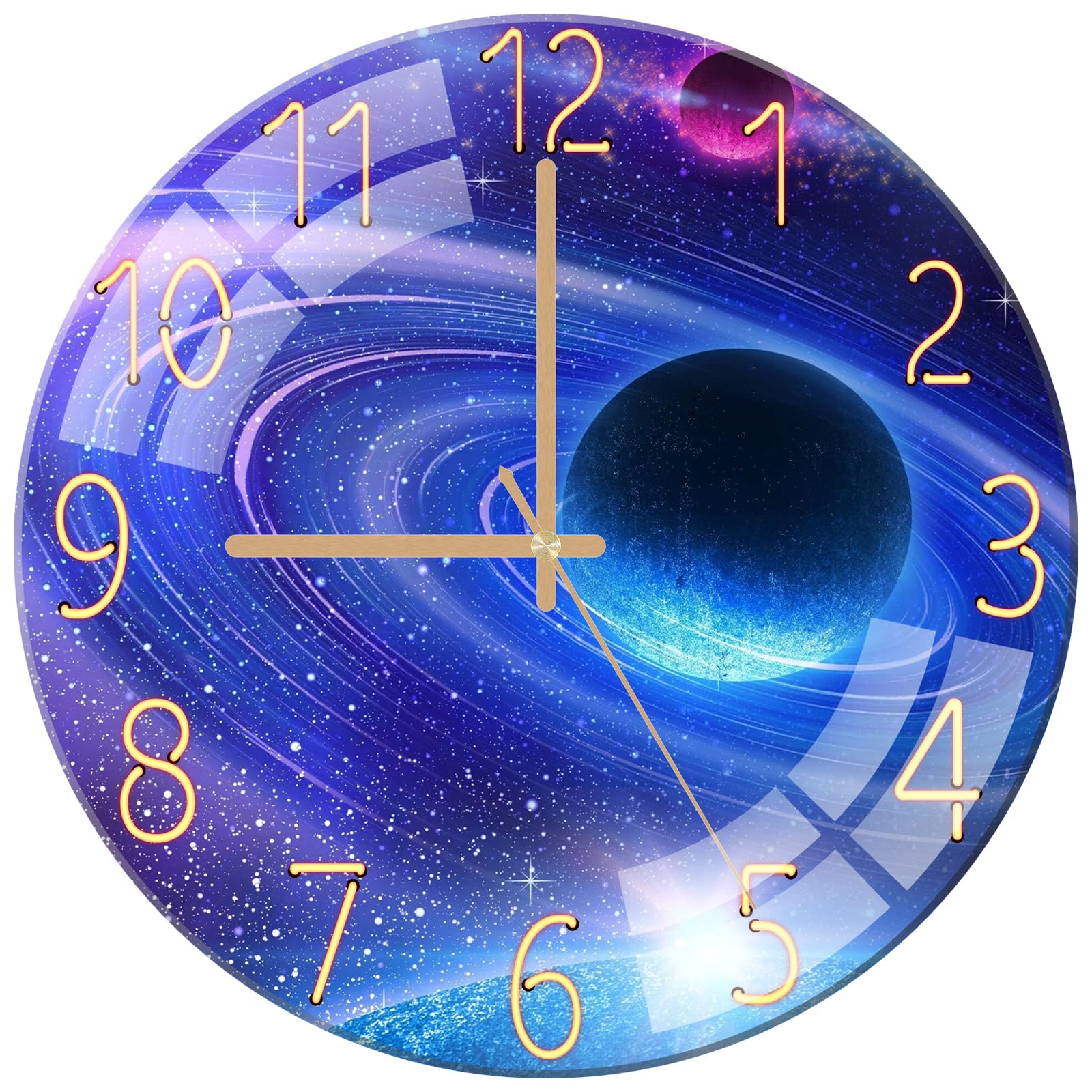 ALEENFOON Glass Wall Clock 12 Inch Silent Non Ticking Quality Quartz Battery Operated Round Wall Clocks for Kitchen Living Room Bedroom Hallway Office (Cosmic Planet)