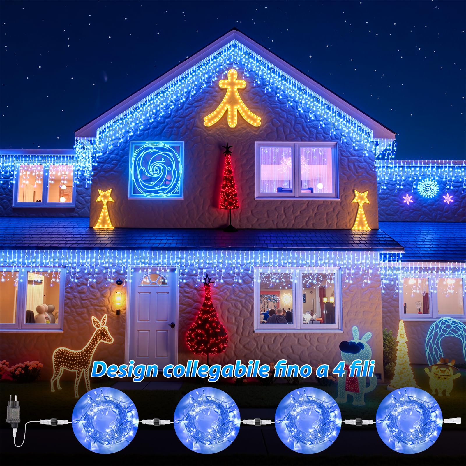 Tenda Luci Natale Esterno Cascata - 10M Catena Luminosa Esterno Blu e Bianco fredda con Telecomando Timer IP44 Impermeabili 8 Modalità Decorazioni Natalizie Luci Natale Esterno Cascata Balcone Casa
