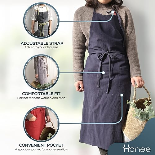 Miniatura 3 de HANEE Delantal de cocina para mujeres y hombres (9 colores) delantales de cocina de lino con bolsillo