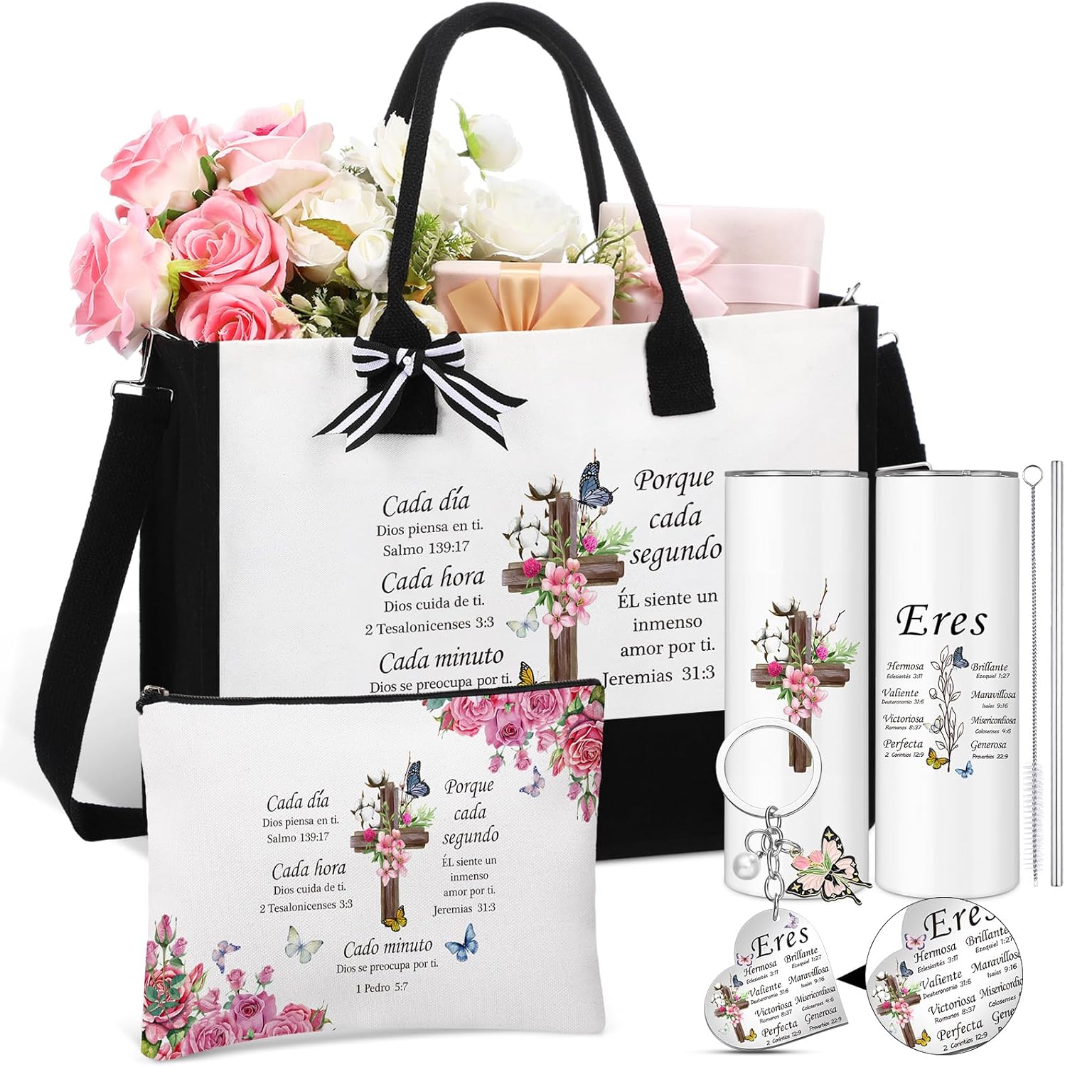 Tioncy 4 Pcs Spanish Christian Gifts Set for Women Inspiration Religious Tote Bag 20 oz Stainless Steel Tumbler Bible Verse Keychain Makeup Bag for Mom Grandma Birthday International Women's Day Gifts