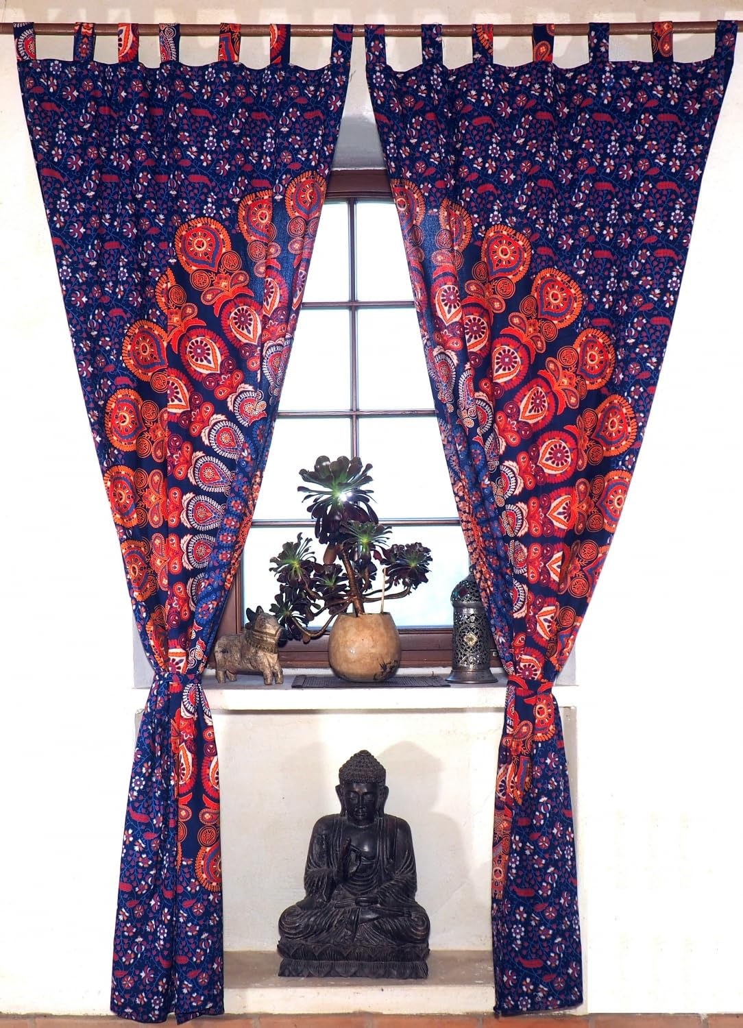 GURU SHOP Boho Vorhänge, Gardine mit Schlaufen, Mandala Motiv, blau/rot