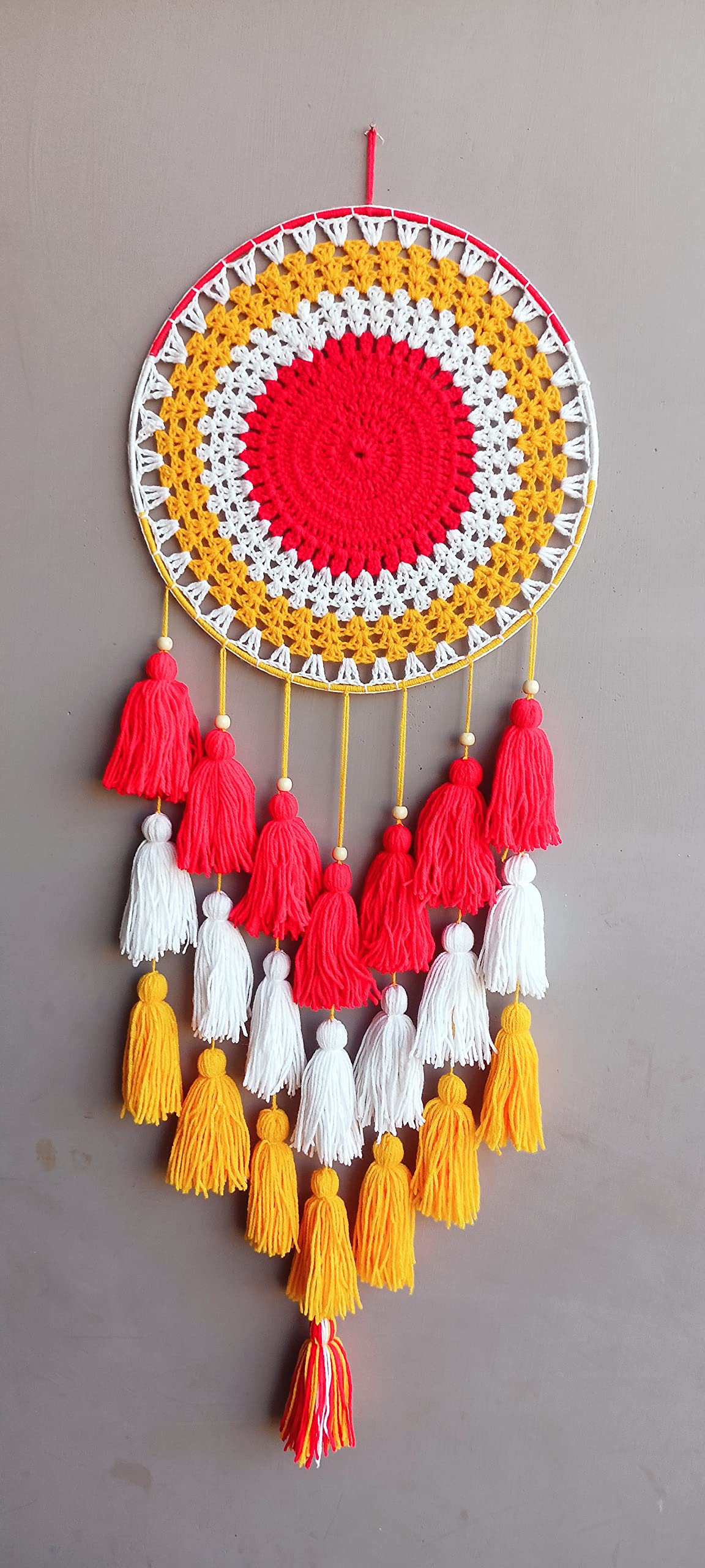 Kavya Craft Present Handcrafted Red-Yellow-White Tasseled Crochet Dream Catcher Wall Hanging-image-33